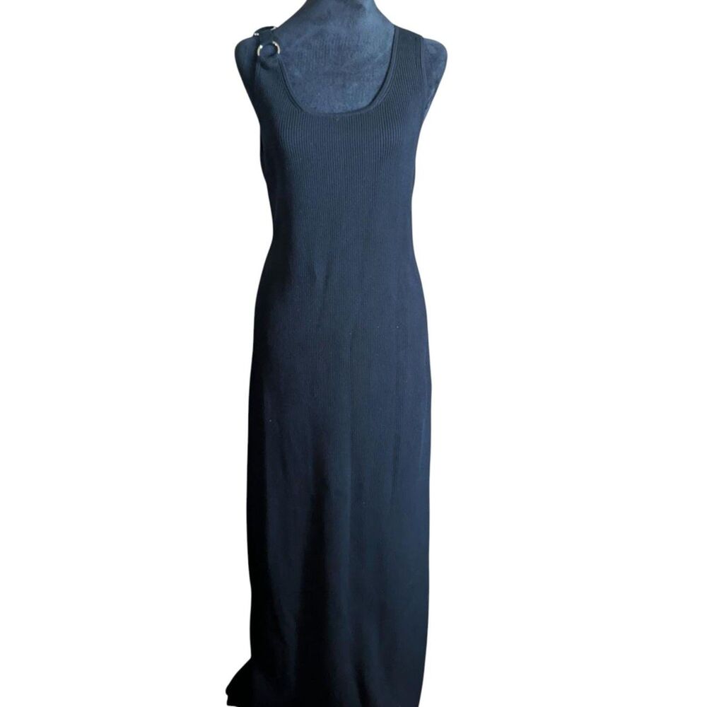 Elie Tahari Black Ribbed Knit Maxi Dress with O-Ring Detail